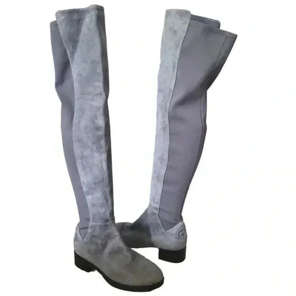 Tory Burch Caitlin Over The Knee Boot Embossed Logo Suede Gray Size 8.5